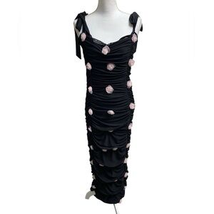 Sugar Thrillz Dolls Kill black maxi dress form fitting 3D flowers 1X NWT